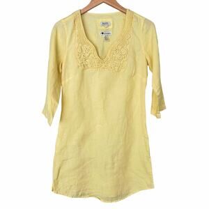 Malvin Yellow Linen Split Neck 3/4 Sleeve Dress Sz 6